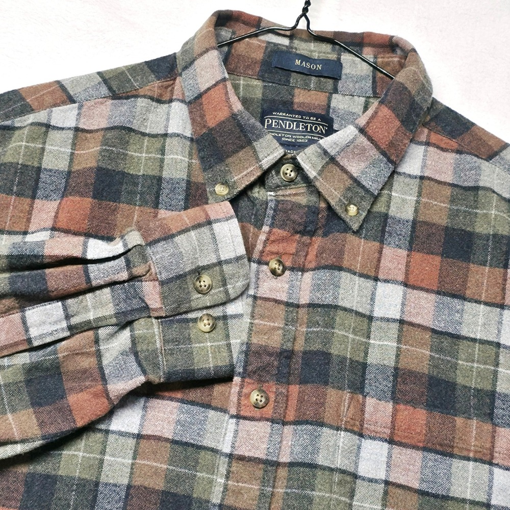 Pendleton Mason Shirt Men's L Brown Green Plaid Cotton Flannel Button Down LS